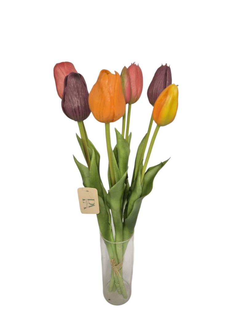 P Zijden Tulip, Bundle long, Hot mix, 5 flower 2 buds, 44cm.