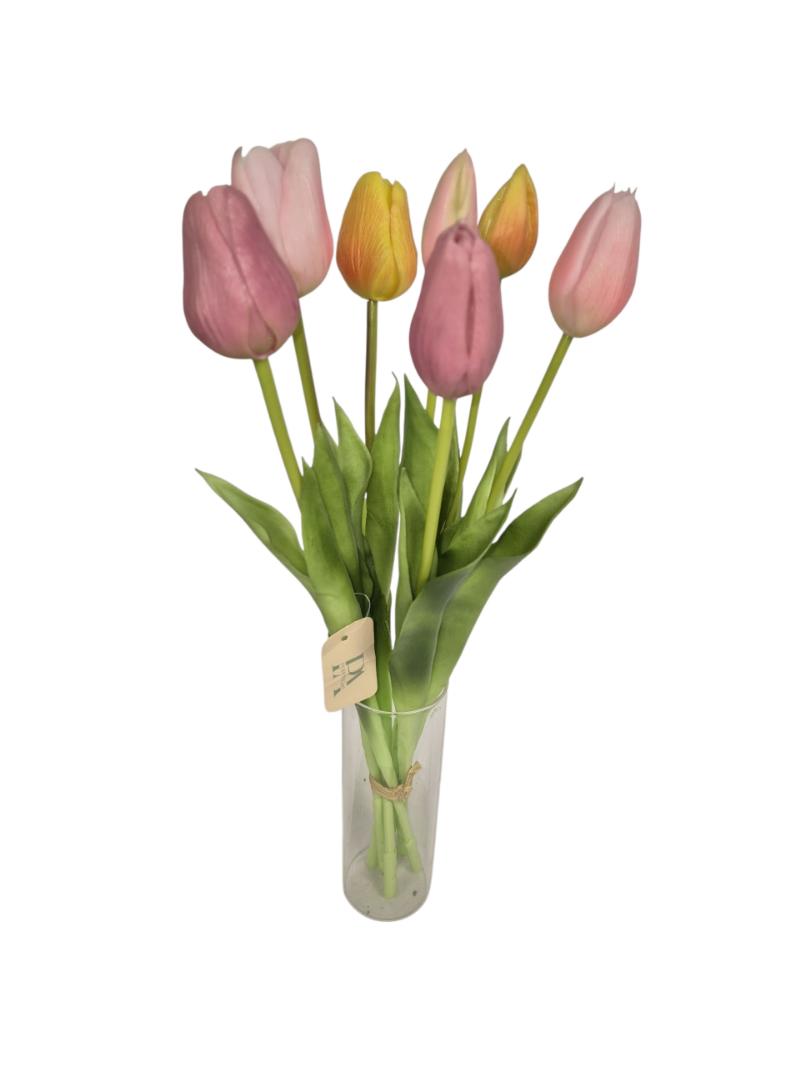 P Zijden Tulip, Bundle long, Pastel mix, 5 flower 2 buds, 44cm.