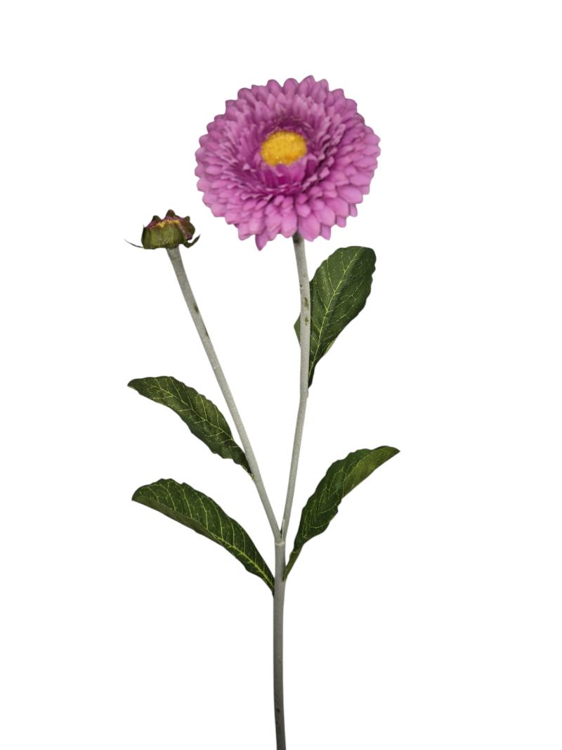 P Zijden Zinnia, Purple, 1 Head, 1 bud, flocked stem, 48cm.