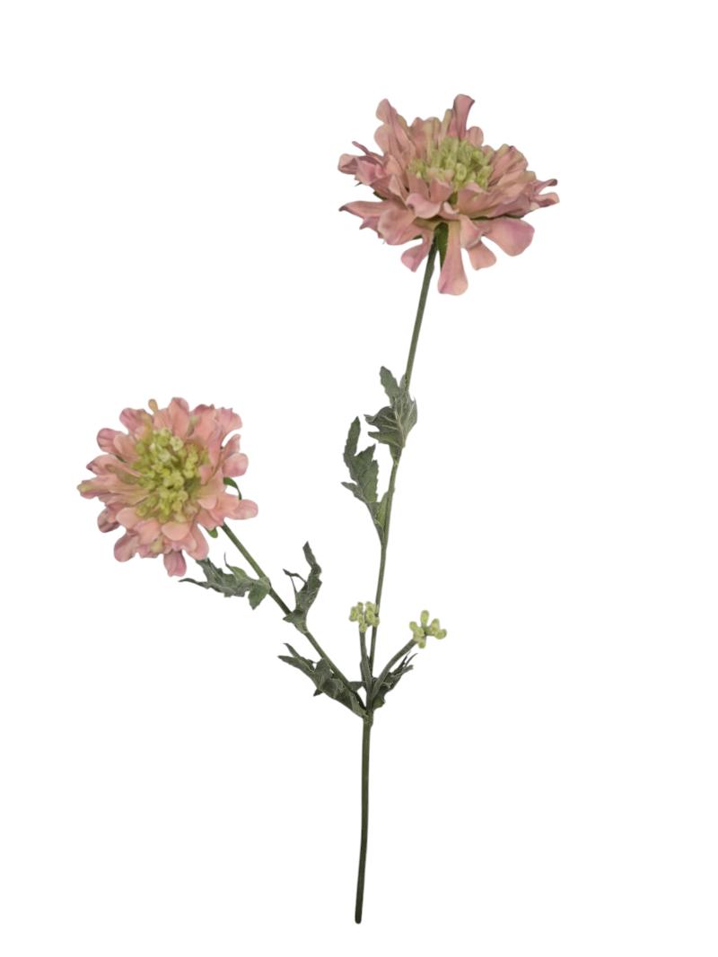 P Zijden Scabiosa, Pink, Flocked, 2 Heads, 2 buds, 64cm