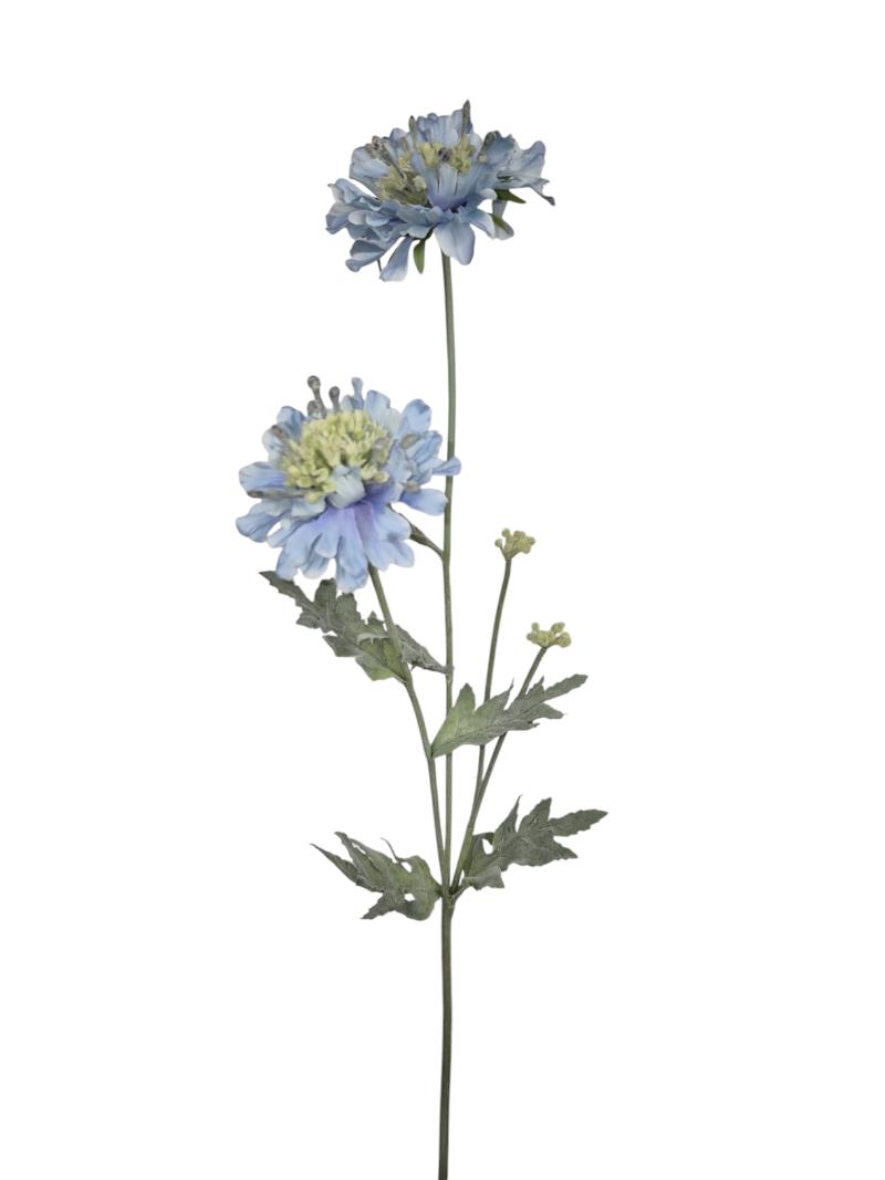 P Zijden Scabiosa, Bleu, Flocked, 2 Heads, 2 buds, 64cm