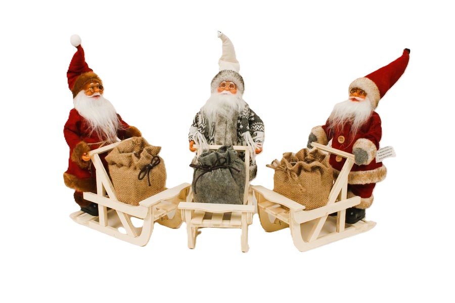 J Santa with sleigh and fabric bag 3 ass