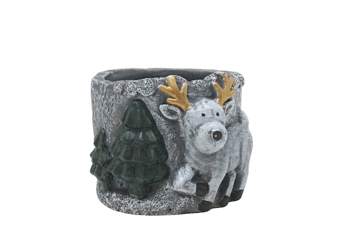 J Cement pot Reindeer w trees ES9