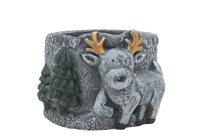 J Cement pot Reindeer w trees ES12