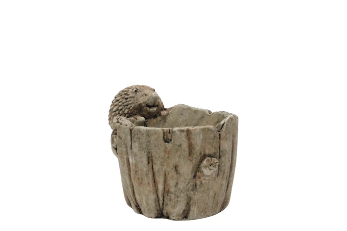 J  Cement pot wood w hedgehog H12