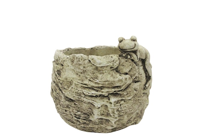 J Cement pot wood w frog H14,5