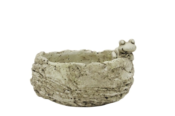 J Cement pot oval wood w frog H10,5